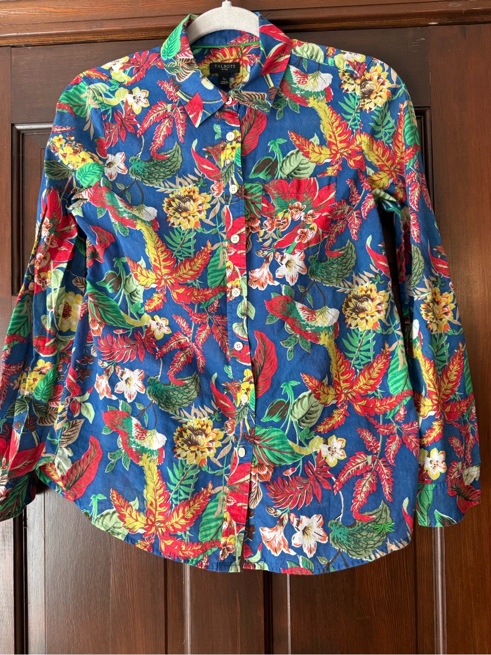 Talbots Blue Floral Button-Front Blouse with Red and Yellow Accents